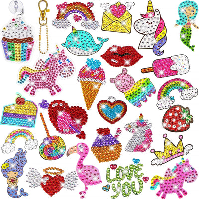 Chinco 32 Pcs Diamond Art Kits for Kids 5d Gem Diamond Art Kit for Kids Ages 6-12 with 24 Stickers/2 Suncatchers/2 Keychain and Hook/4 DIY Tools Painting Art Crafts Gift for Girls Christmas(Cute)