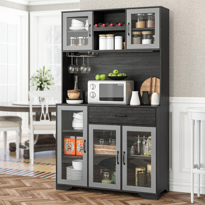 Fatmok Coffee Bar Cabinet, 71" Tall Liquor Wine Cabinet with Power Outlet & LED Lights, Glass Doors, Kitchen Pantry Cabinet with Storage Hutch, Adjustable Shelves, Drawer & Wine Rack for Dining Room