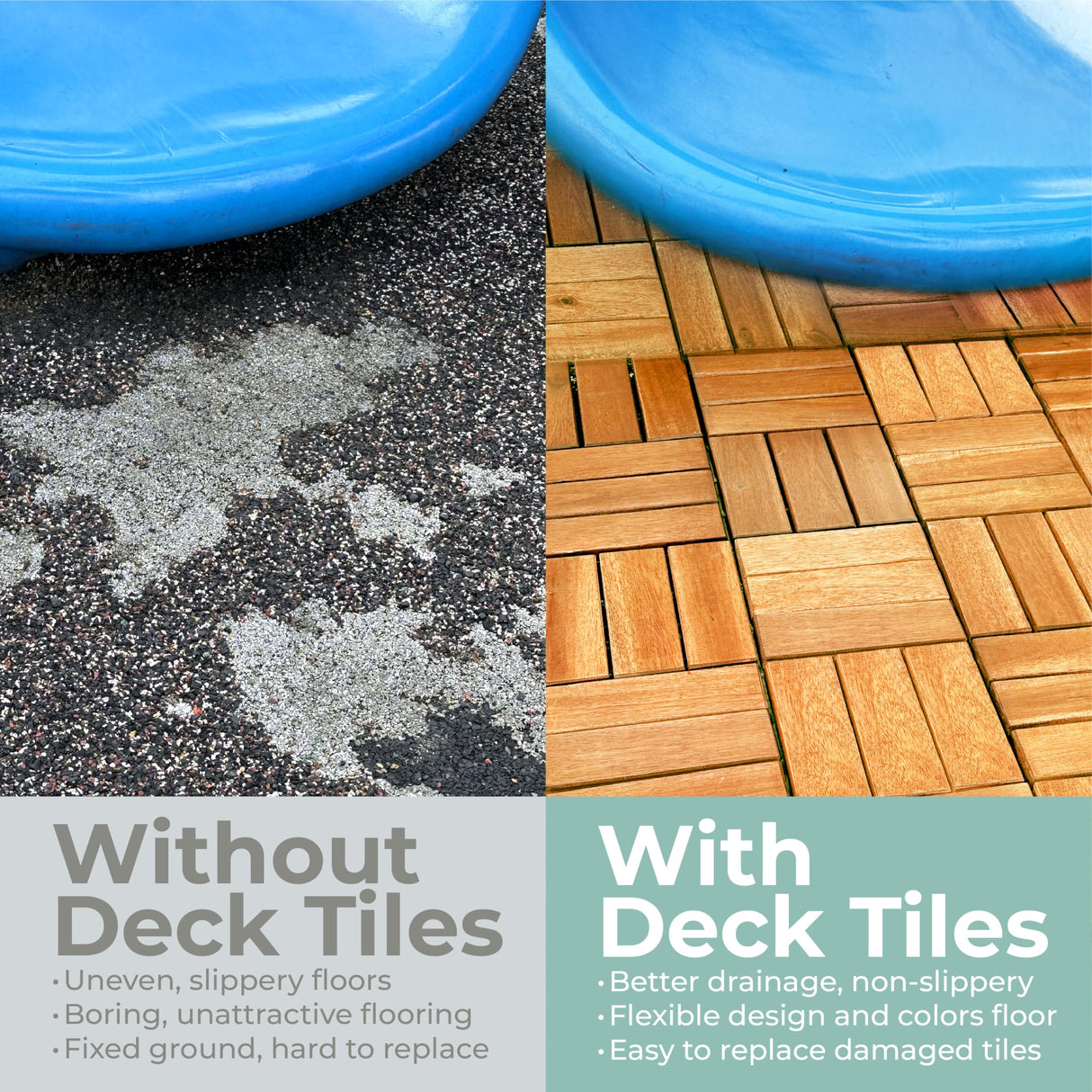 CLOVERHOLM Interlocking Deck Tiles - Waterproof 12”x12” Acacia Wood Tiles, Patio Tiles for Indoor and Outdoor, Garden, Roof Terrace Tiles, 12 Slats Checker Pattern (10Pcs, Teak, 12x12 inches) CLOVERHOLM