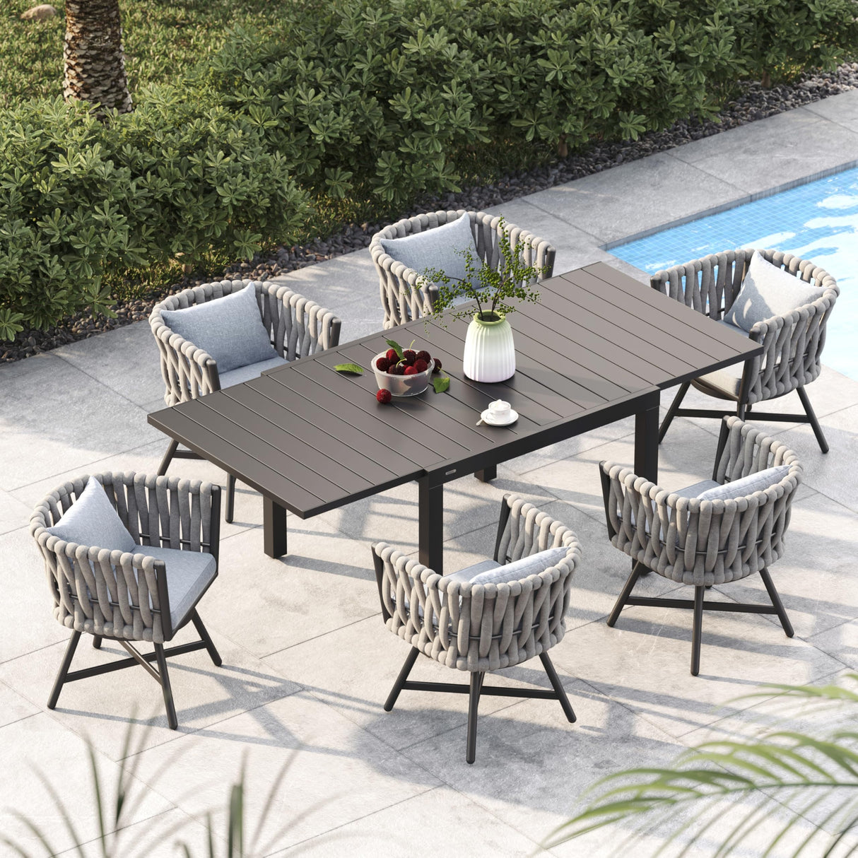 Grand patio 7-Piece Outdoor Dining Set for 6, Patio Dining Furniture Set for 6 Swivel Rope Wicker Chairs & 1 Expandable Rectangular Dining Table, Light Gray Brown Grand patio