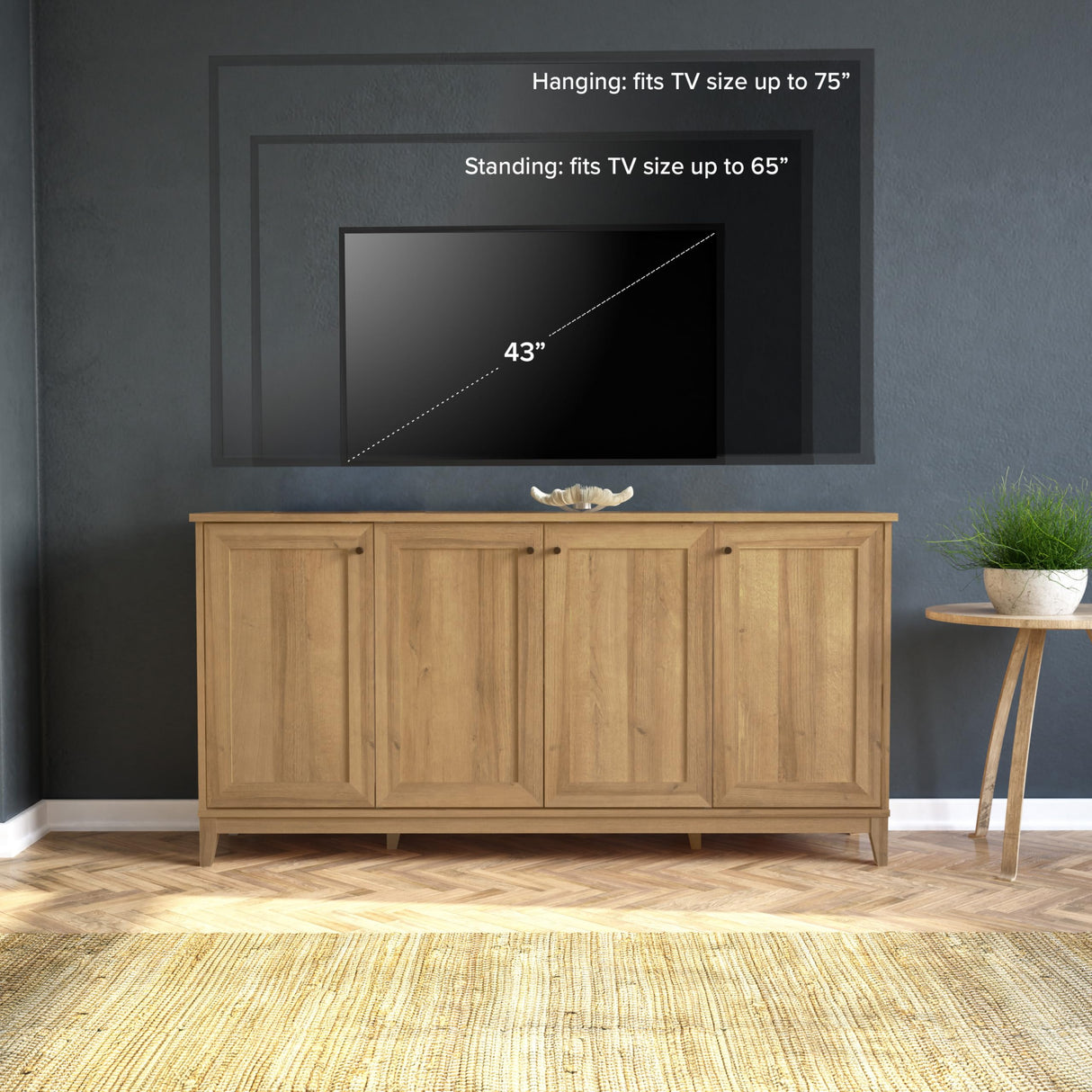 Prepac Yaletown 4 Panel Door Console Table with Storage, Oak Storage Cabinet with Doors and Shelves, Sideboard Storage Cabinet 60" W x 32" H x 16" D, OCBG-2220-1 Prepac