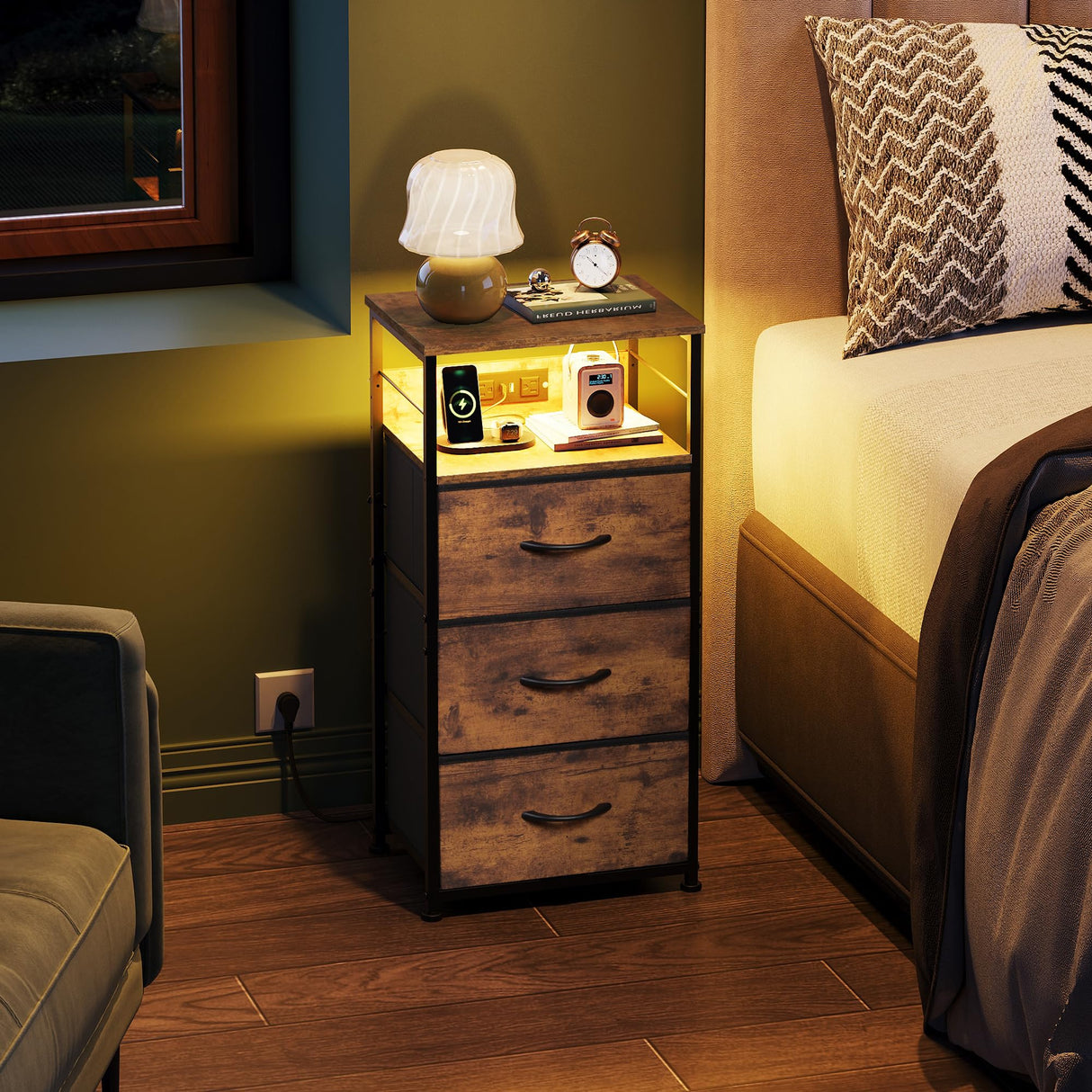 WLIVE Nightstand with Charging Station, LED Night Stand with 3 Fabric Drawers and Storage Shelf, 31.93" H Bedside Table with USB Ports and Outlets for Bedroom, Rustic Brown WLIVE