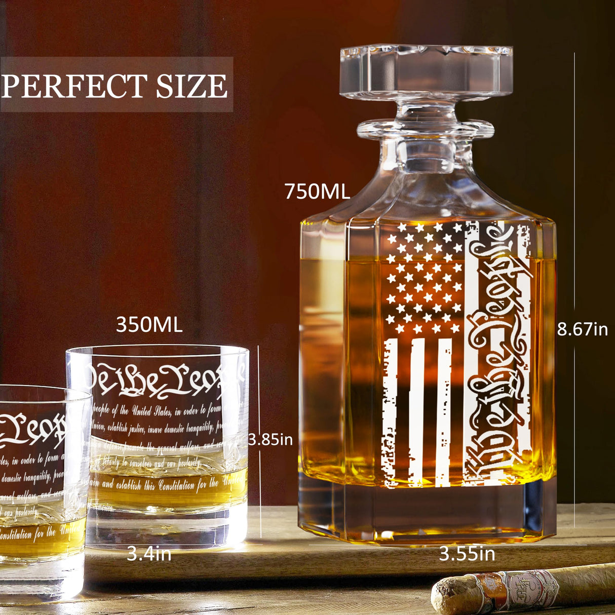 Whiskey Decanter Set for Men, We The People Decanter Set with Glasses, Engraved American Flag Decanter for Liquor Bourbon Gifts for Men Unique Birthday Father's Day Gifts for Men Dad YJGS