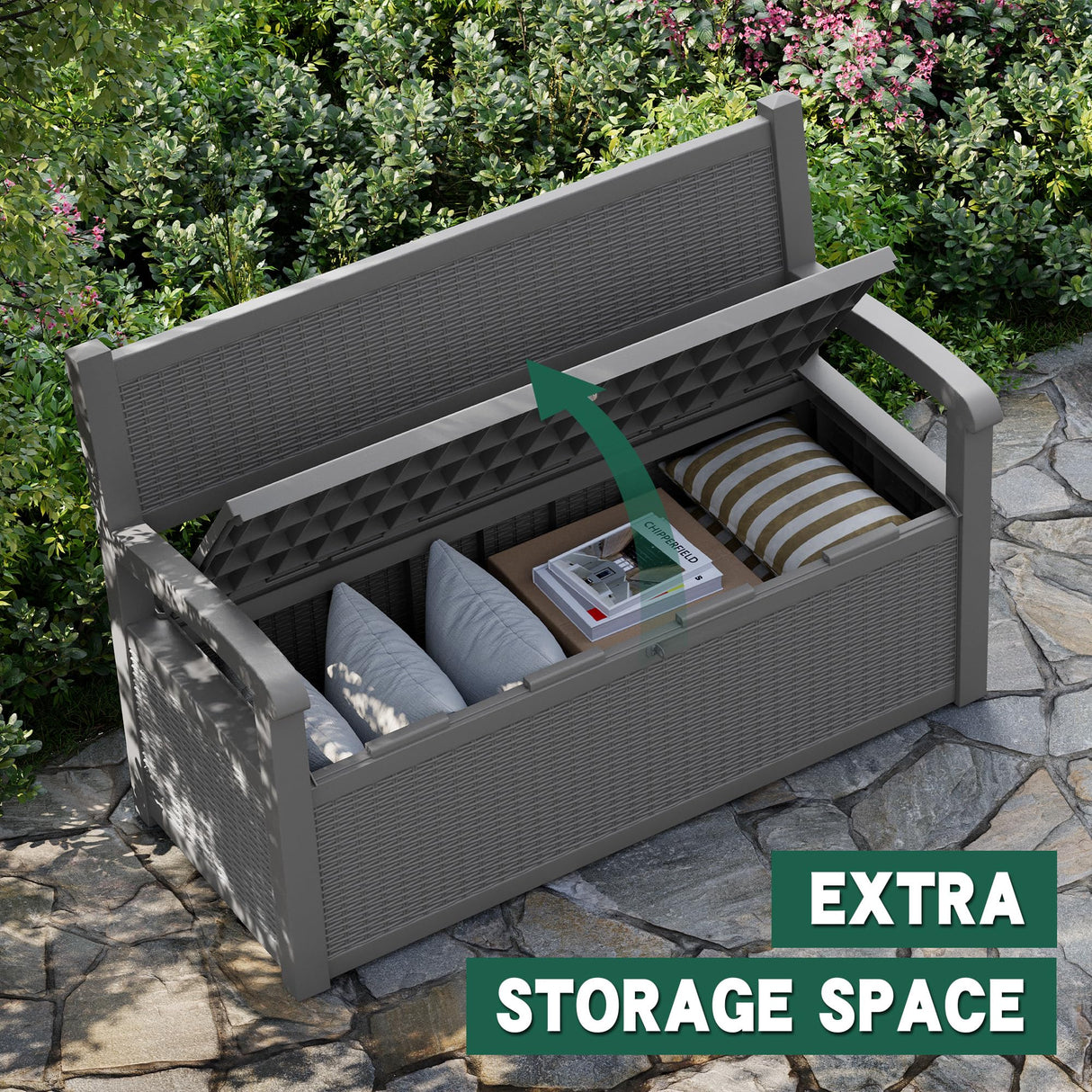 70 Gallon Outdoor Storage Bench Deck Box Lockable for Patio Furniture, Outdoor Porch Bench with Storage Waterproof for Cushions, Garden Tools and Pool Supplies, Grey LHBcraft