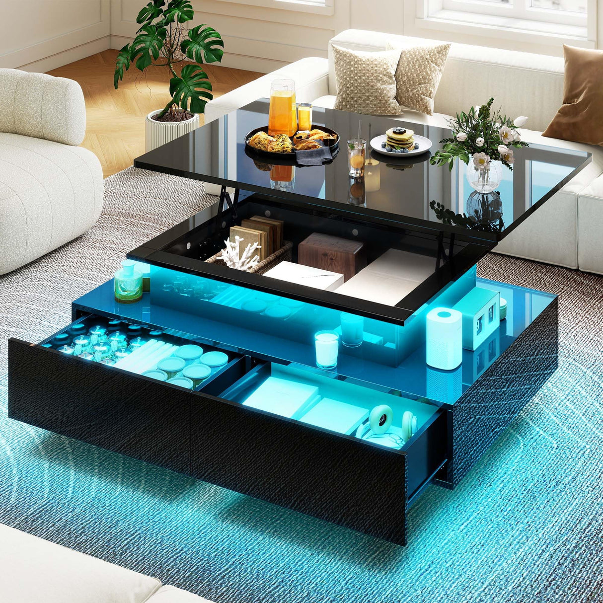 DWVO LED Lift Top Coffee Tables for Living Room, Rectangular Coffee Table with 4 Spacious Drawers, Modern Center Table with Lifting Top for Home Decor, Black DWVO