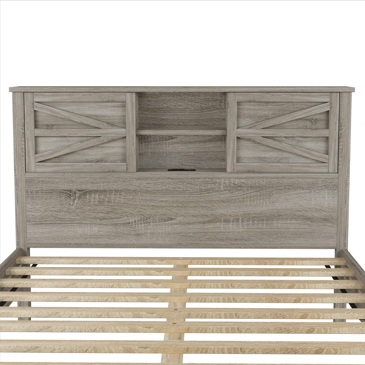 Farmhouse Full Size Bed Frame with Charging Station, Adjustable Headboard Shelves, and Sliding Barn Doors in Antique Gray Bellemave
