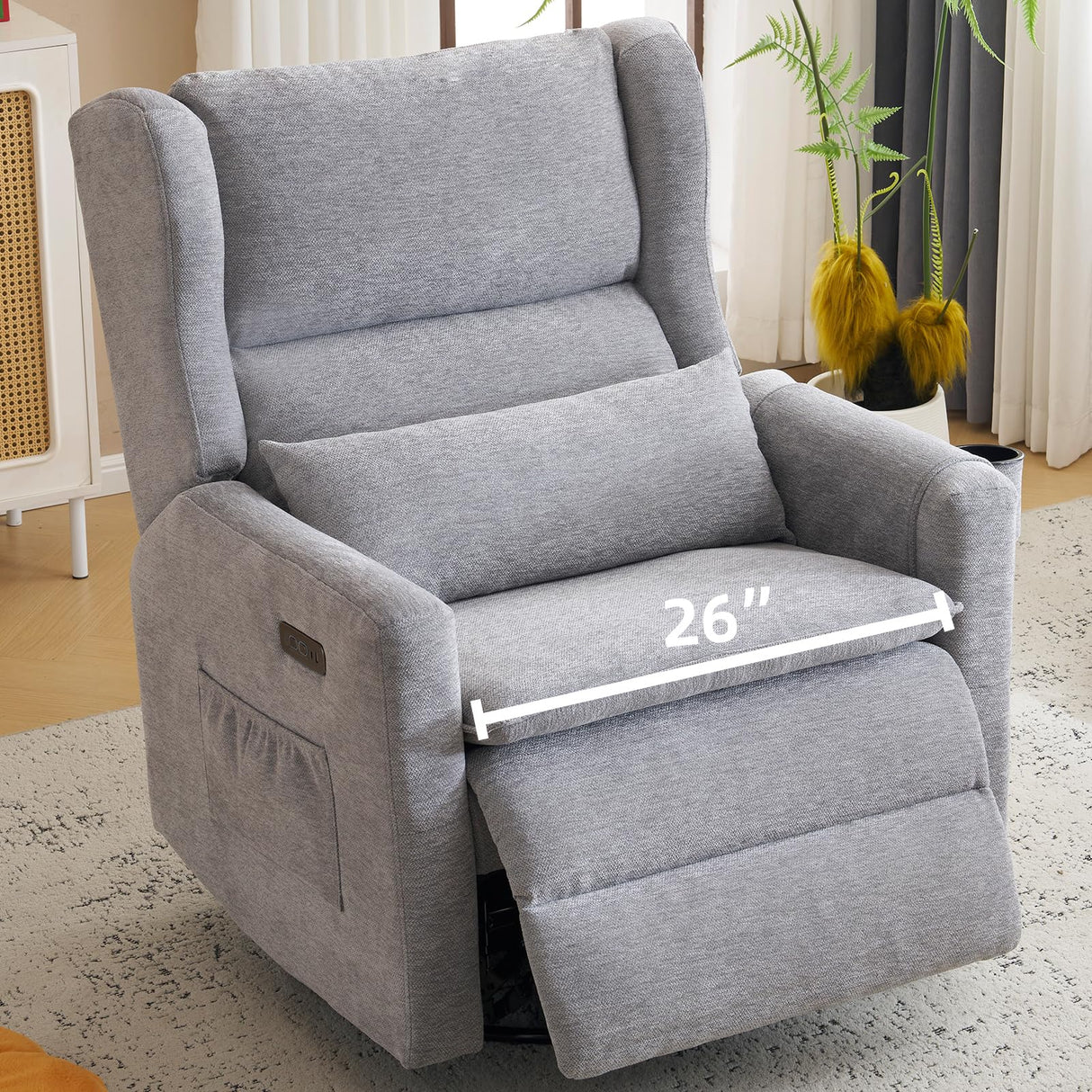 Rhevoy Oversized Swivel Rocker Recliner Chair, 26" Extra Wide Glider Nursery Chair with Adjustable Headrest, Chenille Power Recliner Rocking with Double Cushion, Cup Holder, Grey Rhevoy