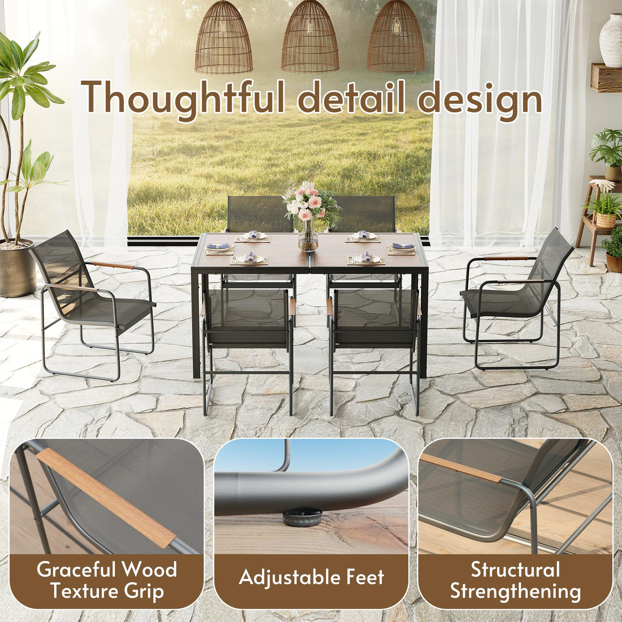 Rotihom Patio Dining Set For 6, Outdoor Patio Table and Chairs Set with Breathable Texlin Seats & Wood-Like Pspc Table, Low-Maintenance Metal Frame Outdoor Patio Dining Sets For Backyard/Deck/Poolside Rotihom