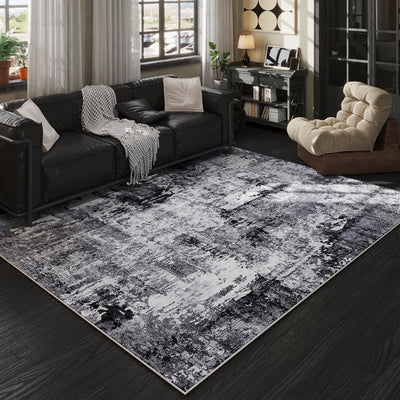 Rugcomf Area Rug 5x7 Washable Rug Boho Soft Abstract Pattern Non-Slip Faux Wool Vintage for Living Room, Bedroom, Farmhouse, Dining Room, Kids Playroom, Grey and Black