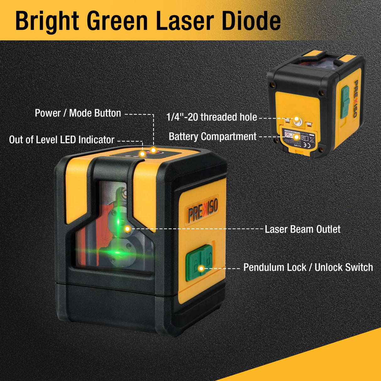 PREXISO Laser Level with Tripod, 100Ft Dual Modules Self Leveling Cross Line Laser Level, Green Line leveler Tool for Floor Tile, Home Renovation, Construction with 31-1/2in Tripod, 2 AA Batteries Prexiso