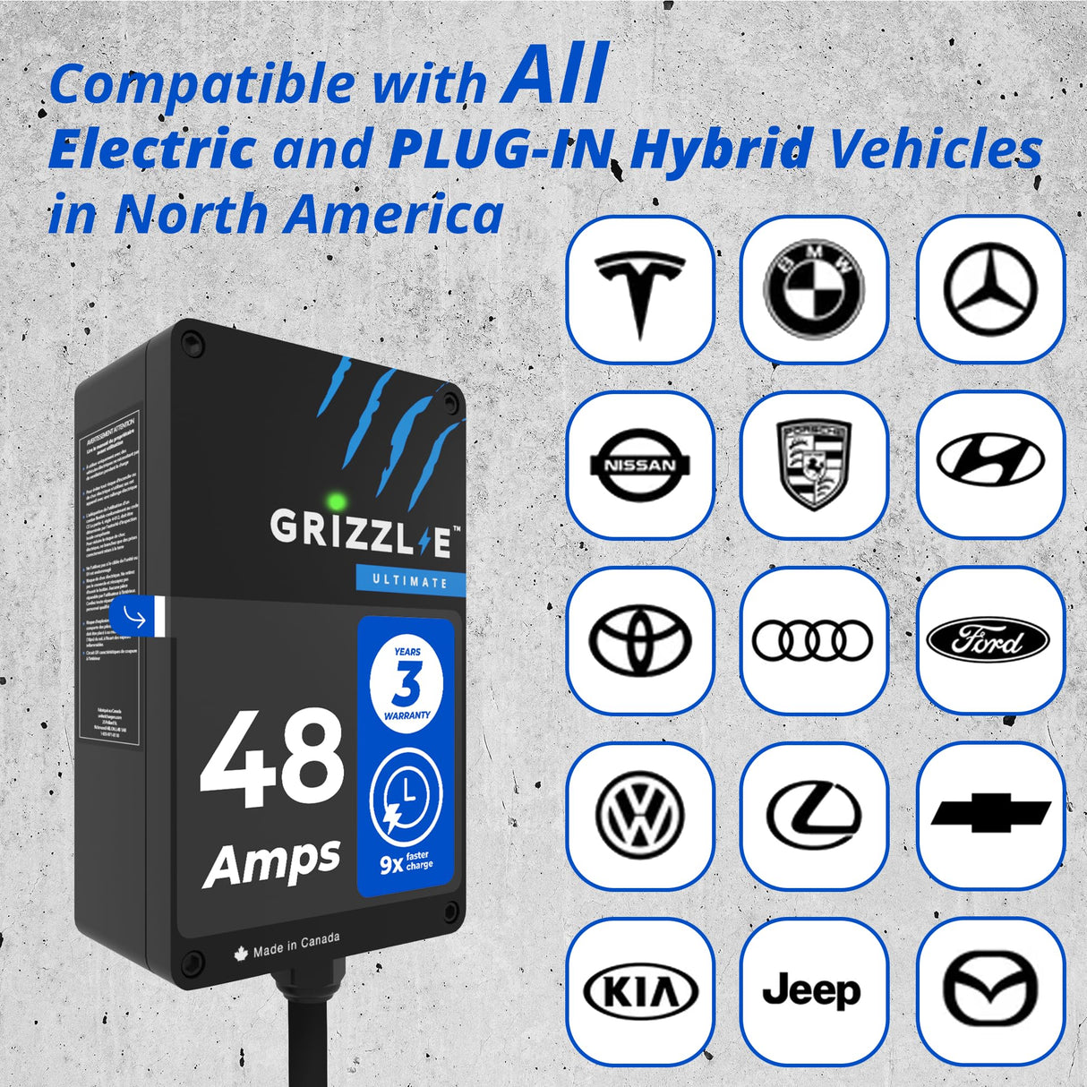 Grizzl-E 48A Ultimate Level 2 Fast Electric Vehicle (EV) Charger, UL Tested and Certified, Metal Case, Indoor/Outdoor Electric Car Fast Charging Station, Hardwired, Classic Black, J1772 Grizzl-E