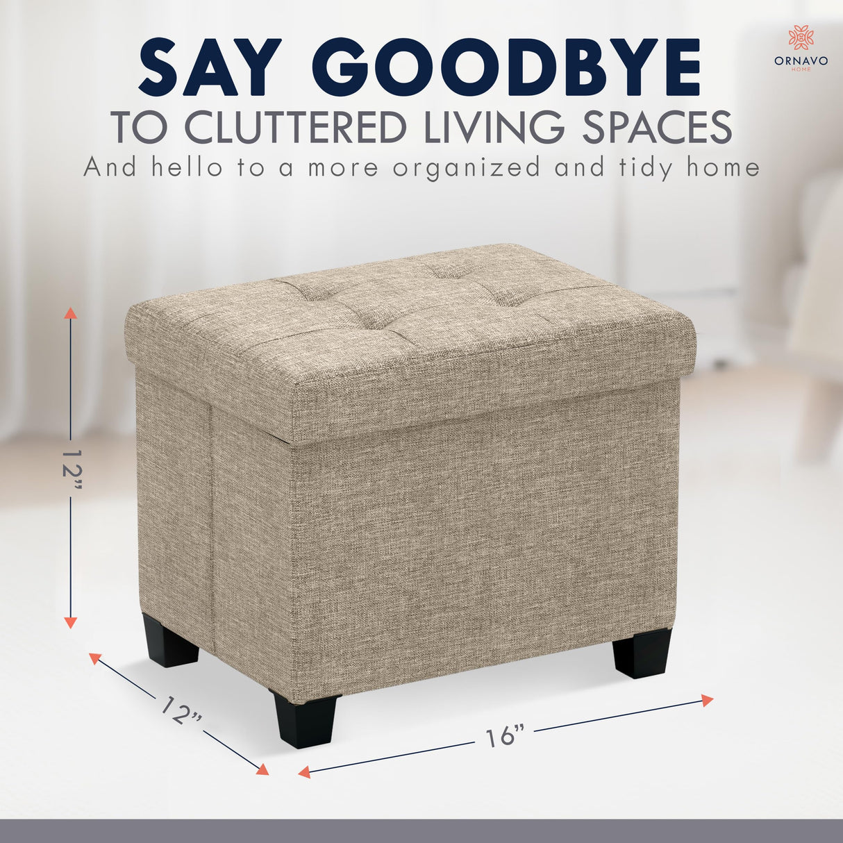 Ornavo Home Storage Ottoman Small Rectangle Ottoman with Legs, Foot Rest Stool Seat, Load up to 600 LB, for Living Room, Bedroom, Home Office, Dorm - 12 x 16 x 12, Tan Ornavo Home