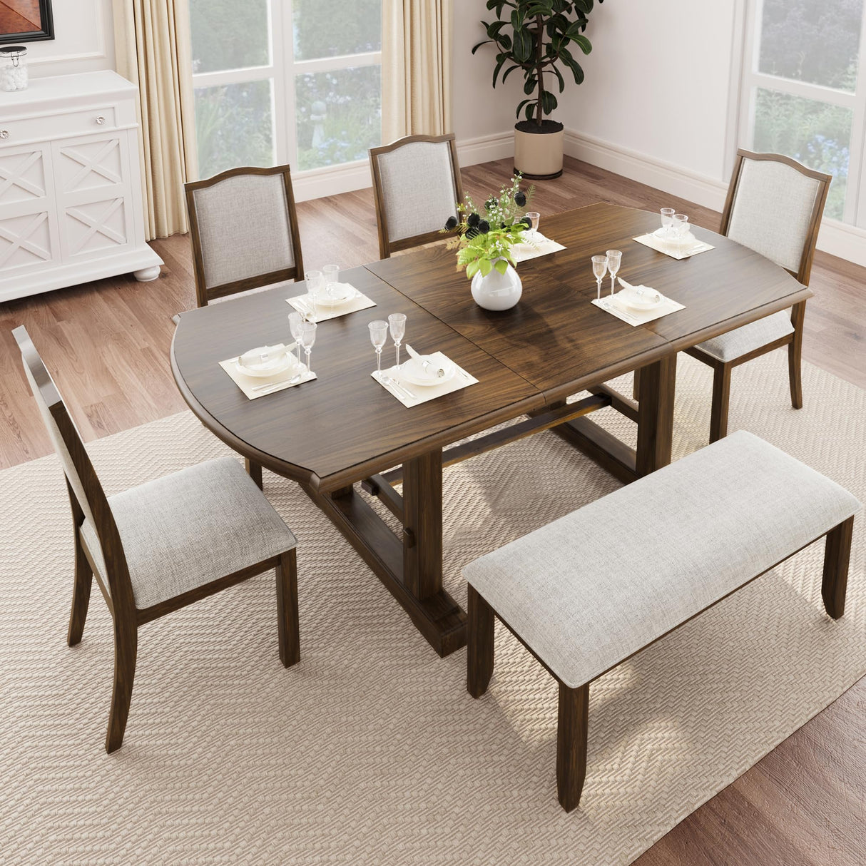 6-Piece Dining Table Set, 60inch to 78inch Extendable Wood Dining Table with Removable Leaf, Kitchen Table Set with 4 Upholstered Side Chair and Bench, Dining Table Set for 6 (Brown) THINK 30