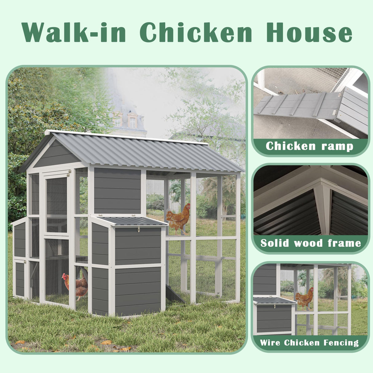 YOPTO Outdoor Wooden Chicken Coop for 10 Chickens,Large Hen House Poultry Habitat Pet Hutch Run Cage with 2 Chicken Nesting Boxes,Walk in Chicken Coops Run W/Ramp and Run,Waterproof Roof,(80"×82"×69") YOPTO