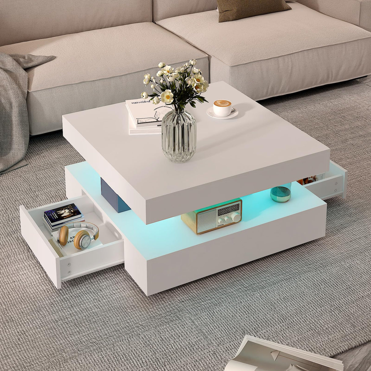 White LED Coffee Table with 2 Storage Drawers for Living Room Square Center Middle Table Modern Cocktail Table with Light 2-Tier Tea Tables Contemporary Mid Century Wood Home Office Waiting Room HedoAjim
