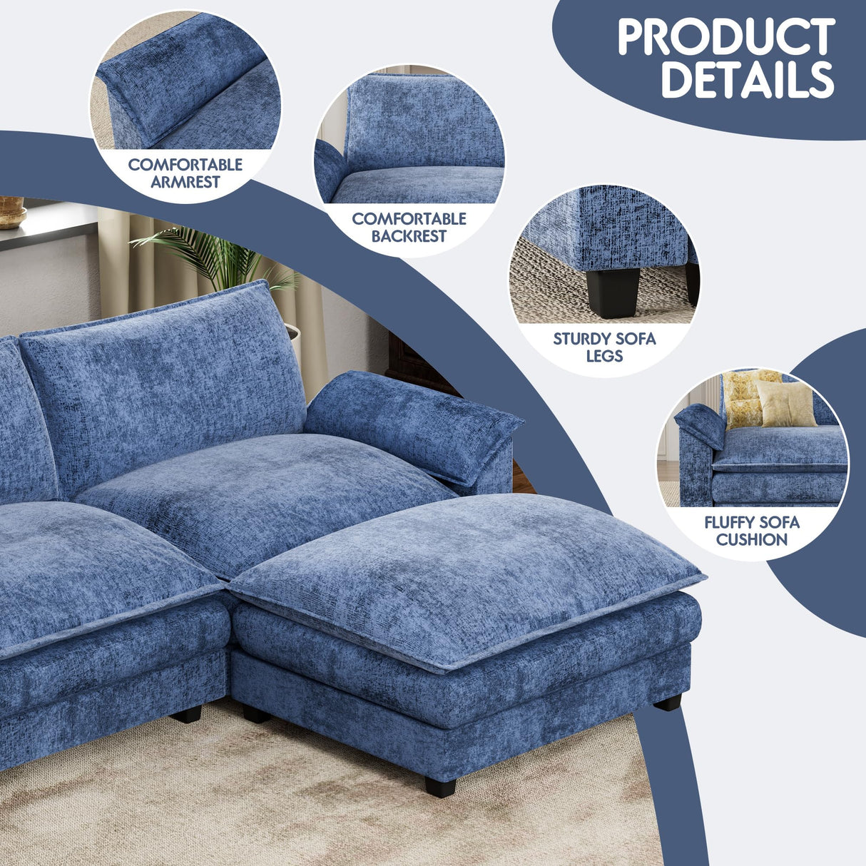 Homall 119" Modular Sectional Sofa, L Shaped Sofa Couch with Reversible Ottoman, DIY Combination Chenille Deep 3-Seat Cloud Couch for Living Room, Apartment (Dark Blue, L Shaped Sofa) Homall