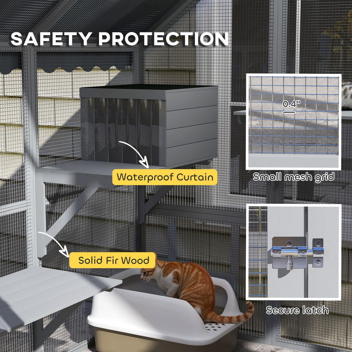 PawHut Large Catio Outdoor Cat Enclosure for Multiple Kittens, Wooden Cat House with Waterproof Cover, Walk in Kitty Cage Kennel with 2 Condos, 4 Platforms, Bridge, Doors, 73" x 55" x 74", Gray PawHut