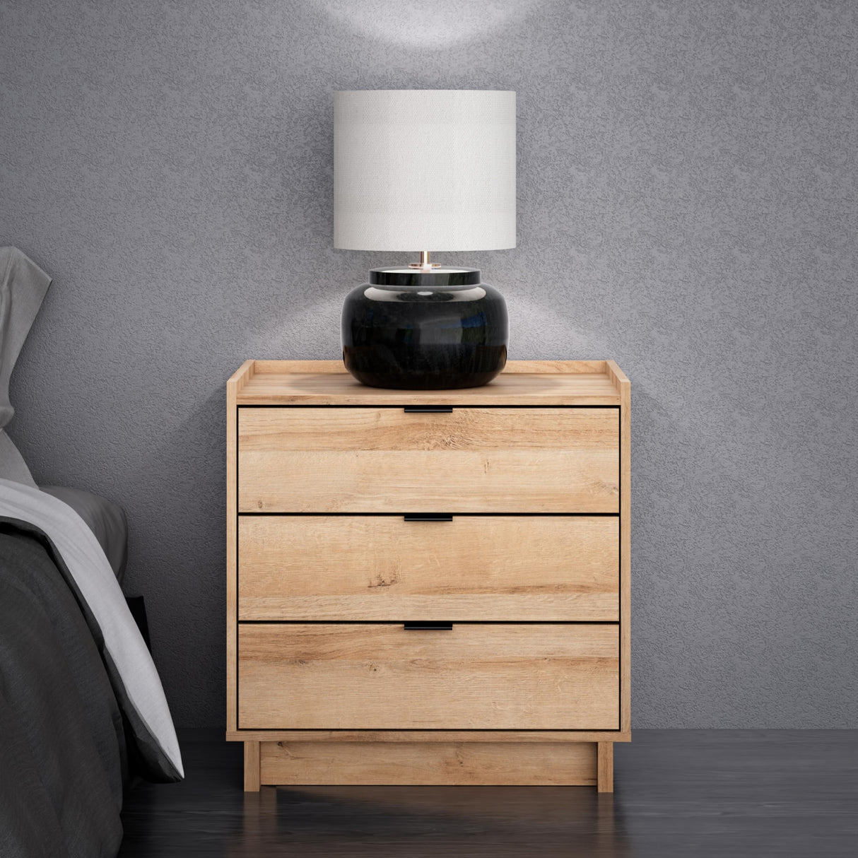 Prepac Simply Modern Nightstand Bedside Table, Natural Oak Nightstand for Bedroom, End Table with 3 Drawers 26.5" W x 26.75" H x 16" D Prepac