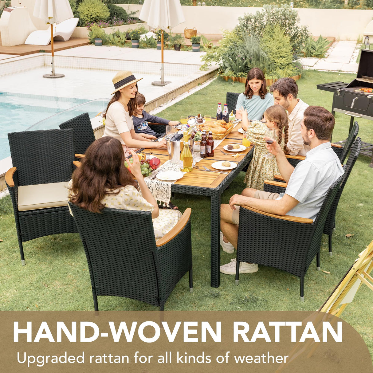 Devoko Outdoor Patio Dining Sets 9 Pieces Wicker Outdoor Dining Table and Chairs Set with Acacia Wood Table Top and Widened Armrests for Backyard, Garden, Deck (Black) Devoko