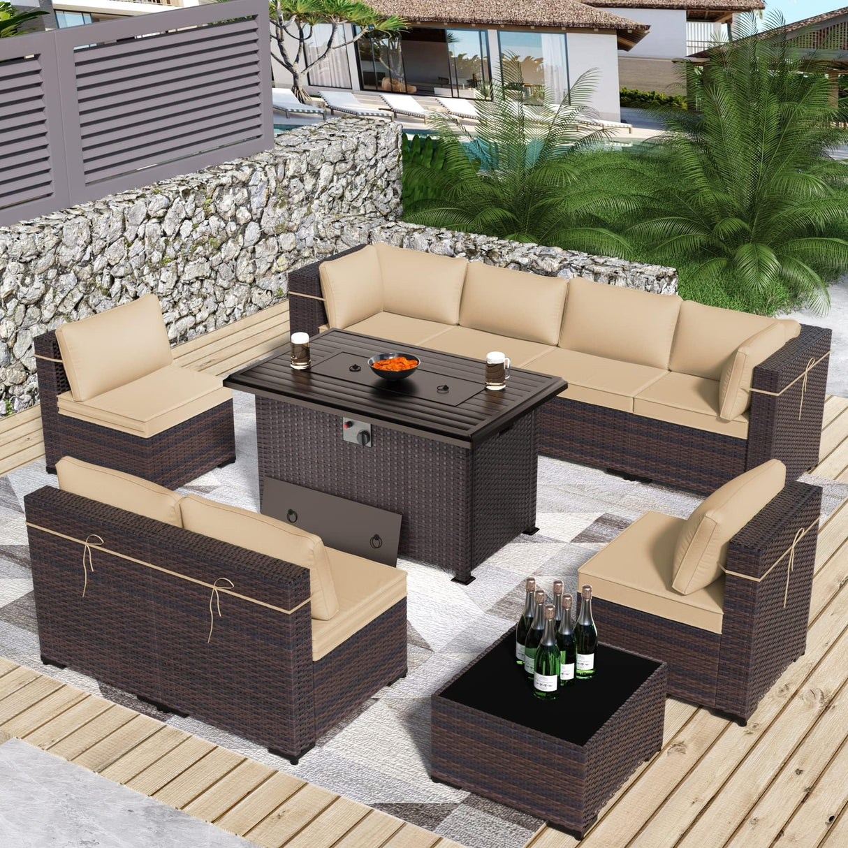 ASJMR Outdoor Patio Furniture Set with Fire Pit Table, 10 Pieces Outdoor Furniture Set Patio Sectional Sofa w/43in Propane Fire Pit, PE Wicker Rattan Patio Conversation Sets - Brown ASJMR
