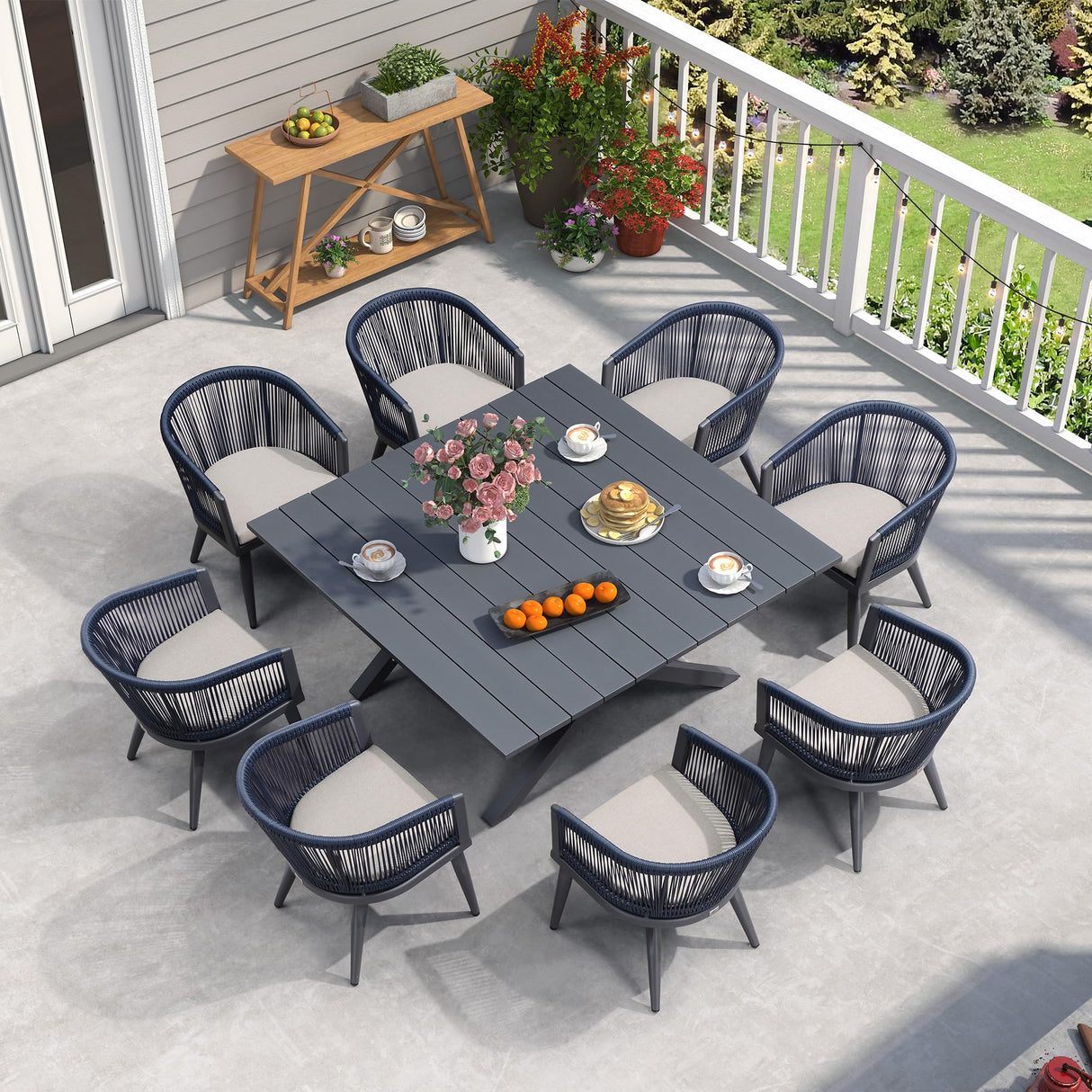 PURPLE LEAF Outdoor Dining Set for 8 All-Weather 9 Piece Patio Aluminium Dining Large Square Table and Rope Weave Chairs Included Cushions for Backyard Decor Kitchen Patio Furniture Set Grey and Navy PURPLE LEAF