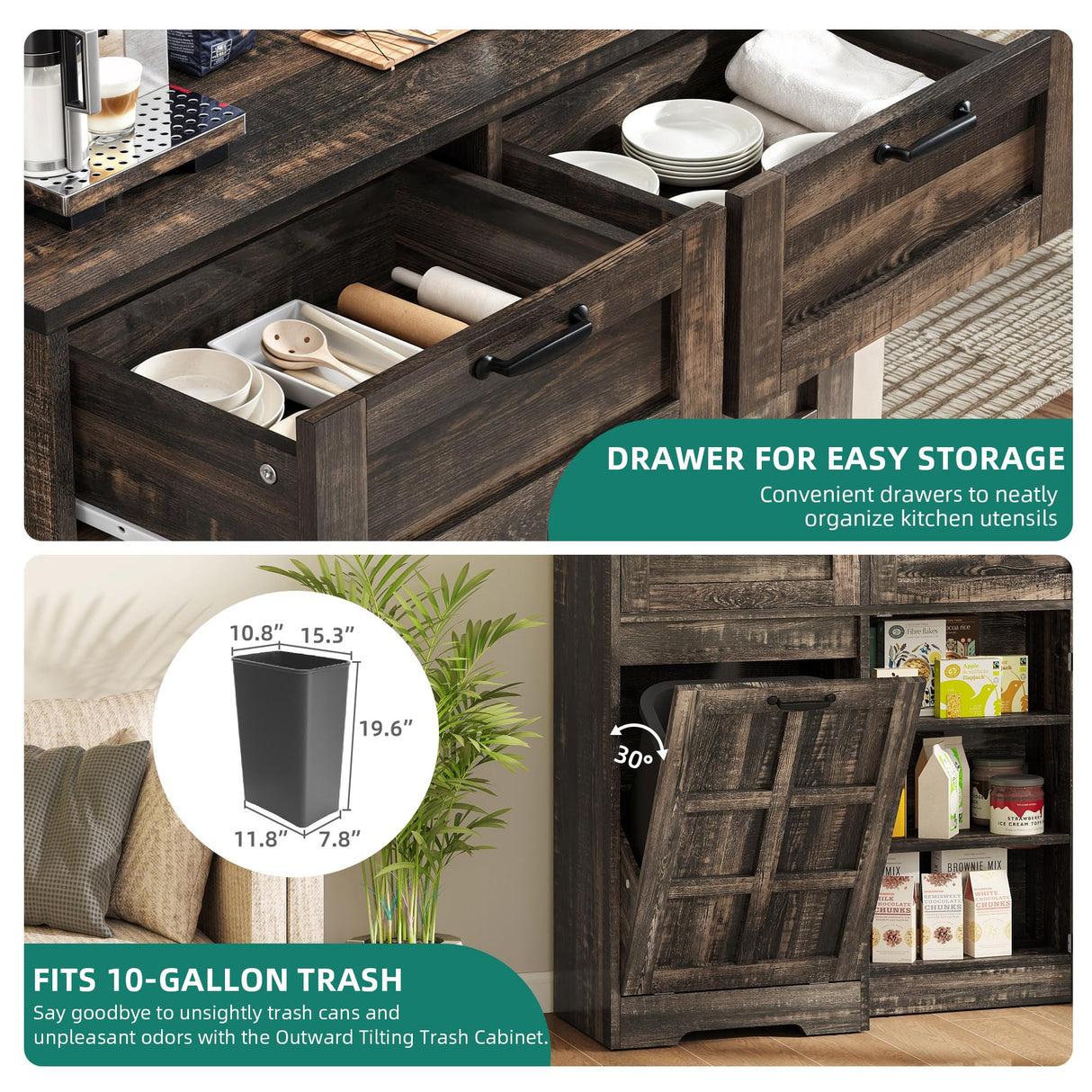 YITAHOME Kitchen Pantry Farmhouse, Tilit Out Trash Out Can Cabinet,Coffee Storage Bar Cabinet, 70" Tall Cabinet Cupboard with 2 Drawers, 2 Doors and Glass Display Case Shelf, Wheels, Rustic Dark Oak YITAHOME