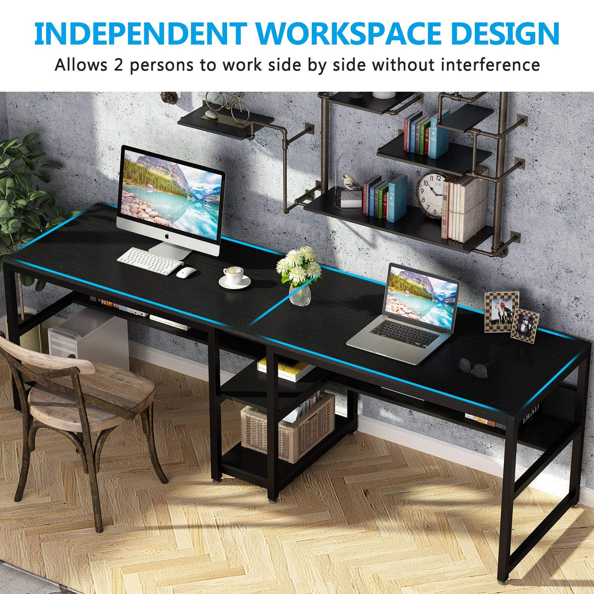 Tribesigns Rustic Double Desk with Bookshelf - 78.7 Inch Two-Person Computer Workstation in Black Tribesigns