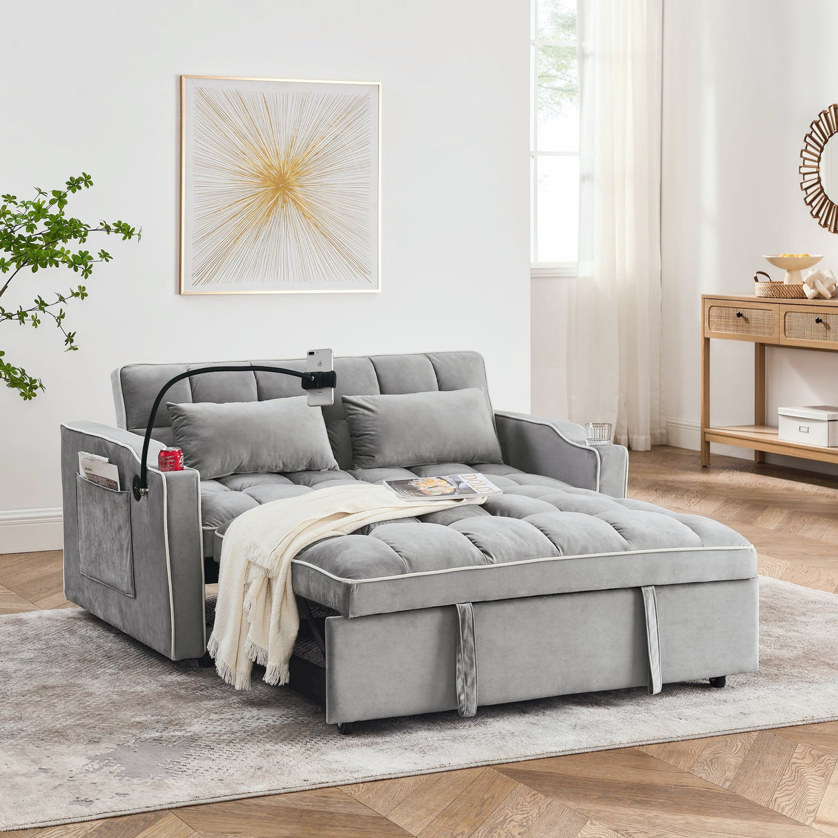 Foldable Sofa Bed with 2 USB Charging Ports, Pull Out Velvet Loveseat Sleeper with Phone Holder, Modern Futon Couch with Cup Holders & Adjustable Backrest for Living Room,Grey Merax