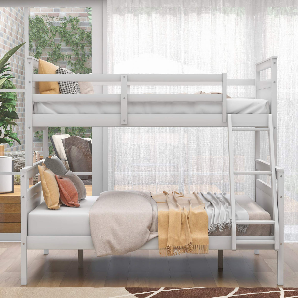 Bellemave White Twin Over Full Solid Wood Bunk Bed with Ladder and Guardrails Bellemave