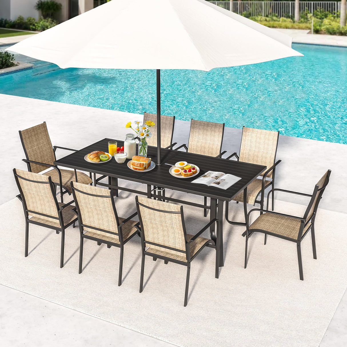 BUPPLEE 9-Piece Outdoor Patio Dining Set with 8 Stackable Chairs, Rectangular Metal Table with Umbrella Hole, 8-Person Patio Table and Chairs for Backyard, Poolside, Balcony and Garden Brown BUPPLEE
