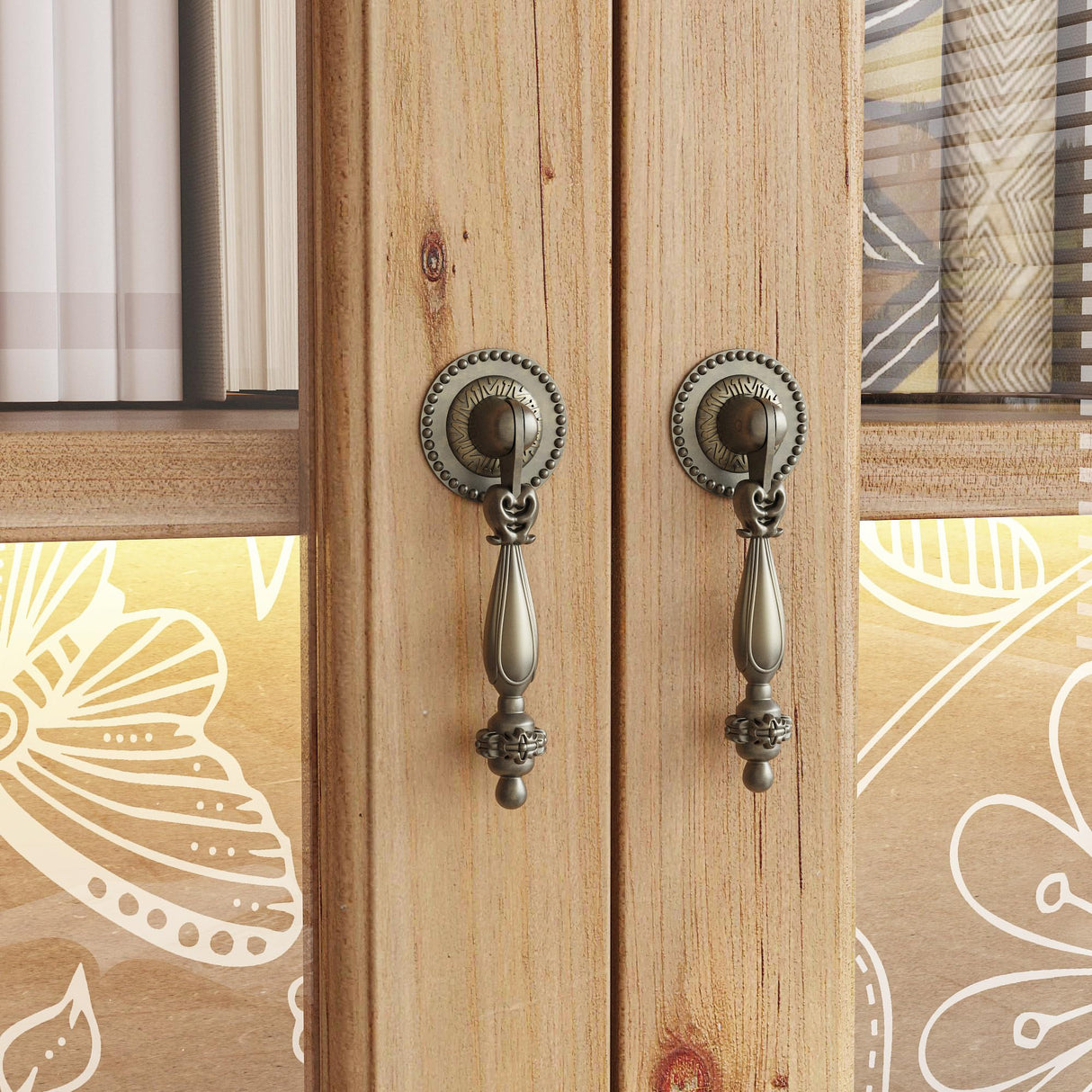 WOODTIME 74.2" H Display Storage Cabinet with 3-Color Lights, Glass Doors & Solid Wood Frame, Curio Cabinet Bookcase Bookshelf with Patterned Backpanel for Living Room Home Office, Light Brown WOODTIME