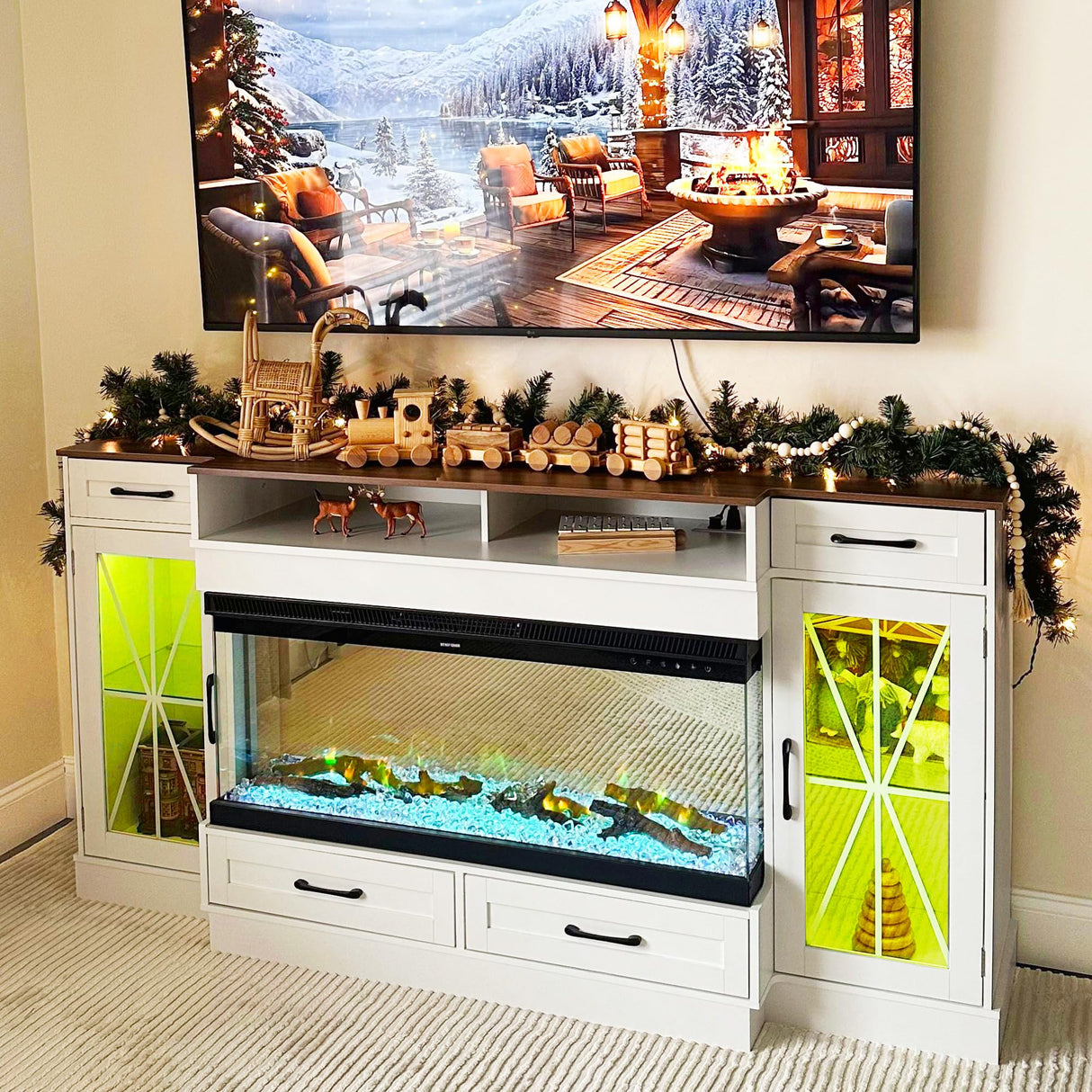 YITAHOME 3-Sided Glass Fireplace TV Stand for 75/80 Inch TV, Entertainment Center with 40" Fireplace & LED Strip, Media Console Table with Power Outlet for Living Room, White & Walnut YITAHOME