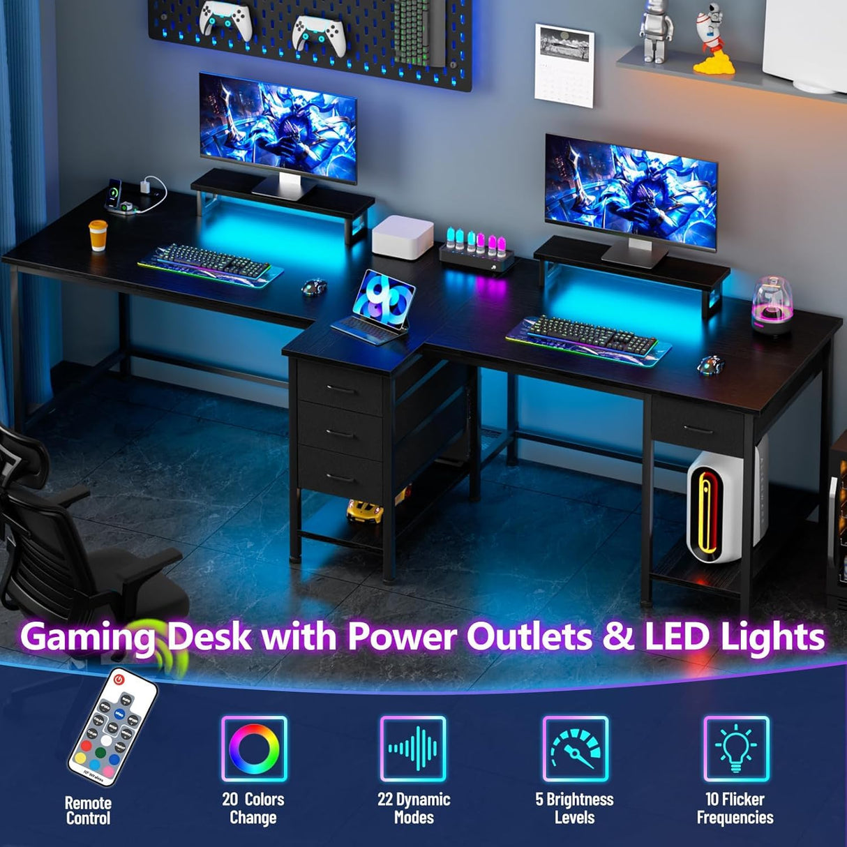 93 Inch 2 Person Desk with Power Outlet & LED Light, Extra Long Double Desk with 2 Monitor Stands, Large Home Office Desk for Two People with 4 Adjustable Storage Drawers, Black Korfile