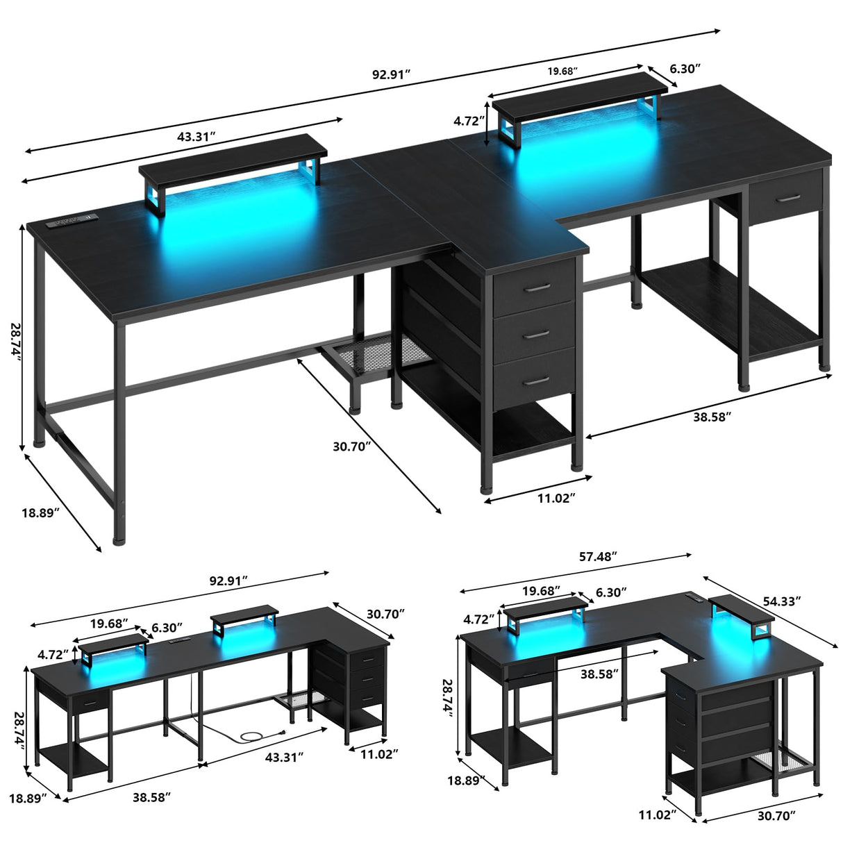 93 Inch 2 Person Desk with Power Outlet & LED Light, Extra Long Double Desk with 2 Monitor Stands, Large Home Office Desk for Two People with 4 Adjustable Storage Drawers, Black Korfile