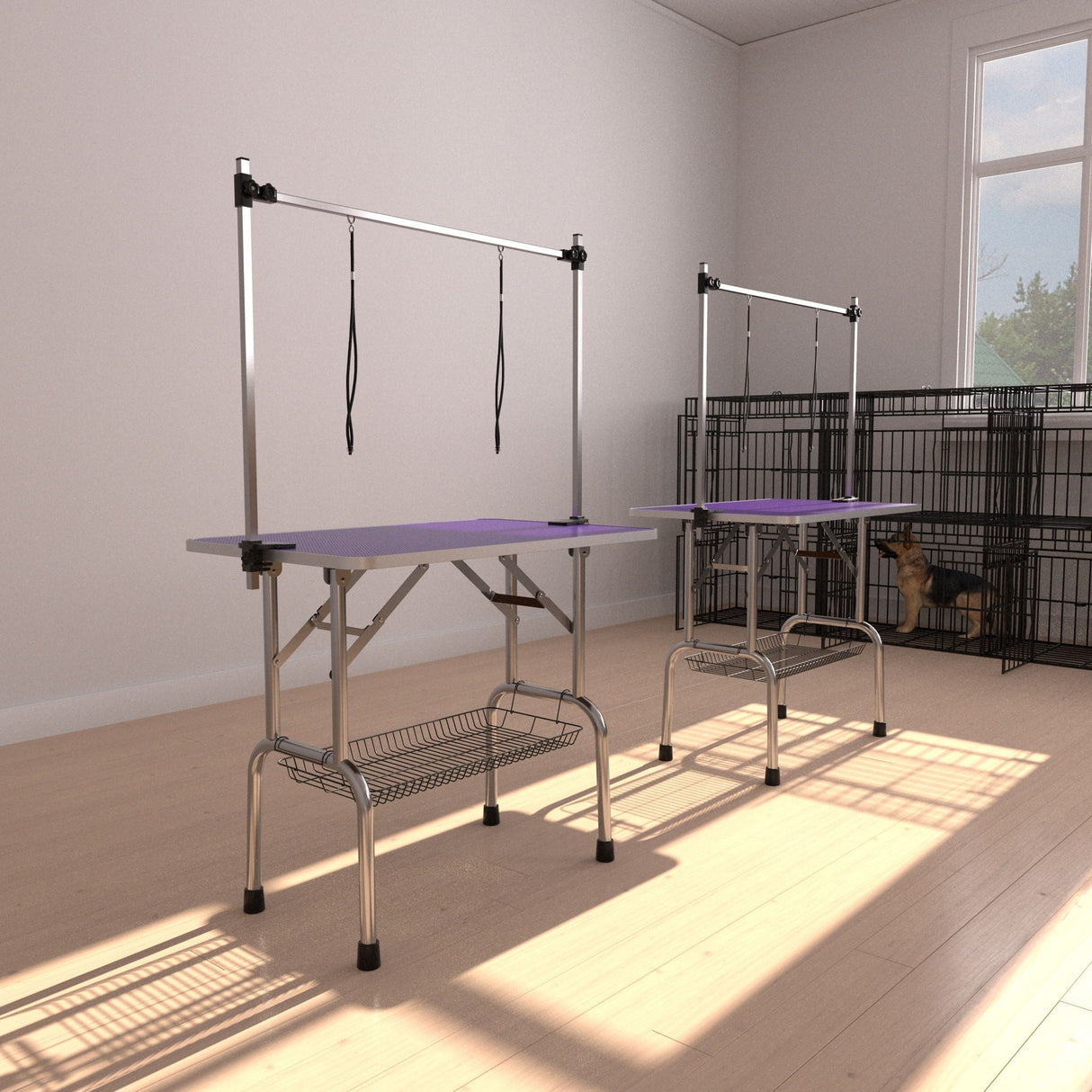 Folding Dog Pet Grooming Table Stainless Steel Frame Rubber Mat On Board With Adjustable Arm And Clamps Pet Dog Cat Grooming Table