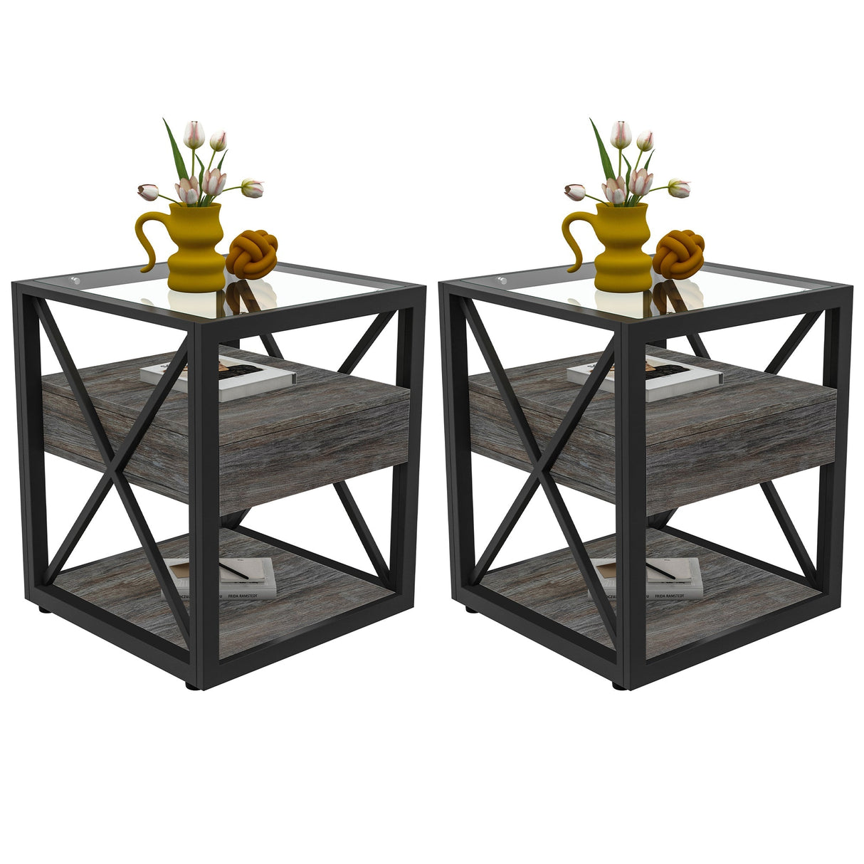 Set of 2 Modern End Tables with Drawer - Nightstands
