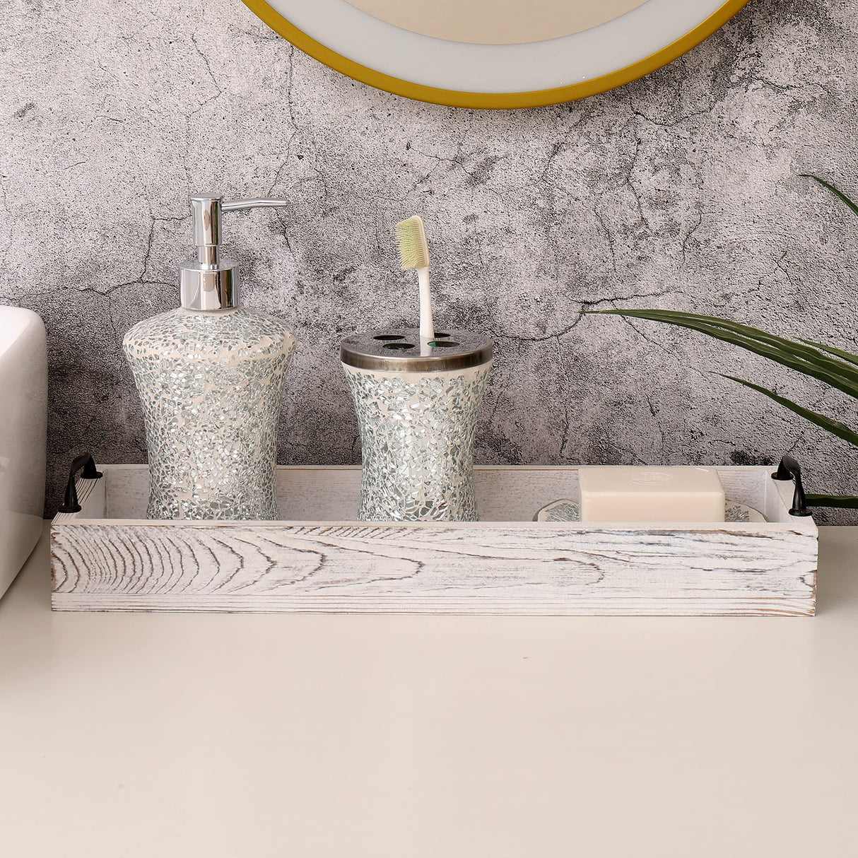 Rustic Wooden Serving Trays Rectangular with Handle,Ottoman Tray for Living Room 16 Inch Long for Serving Wine(whitewashed) SWT8CAI