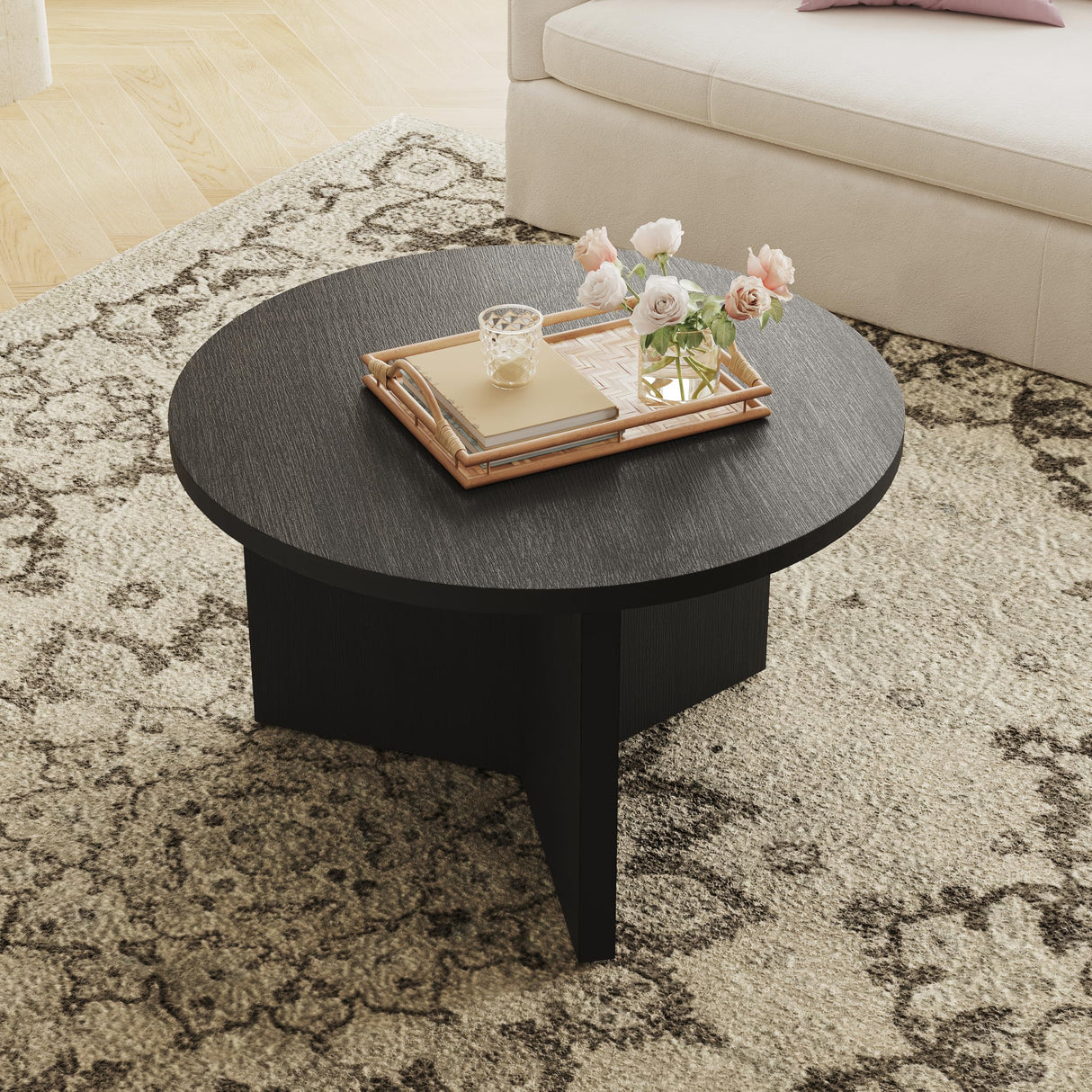 Luoxiao Coffee Table for Small Space, Minimalist Modern Table for Living Room, Durable & Sturdy Small Round End Table with Adjustable Feet Pads, Black Luoxiao