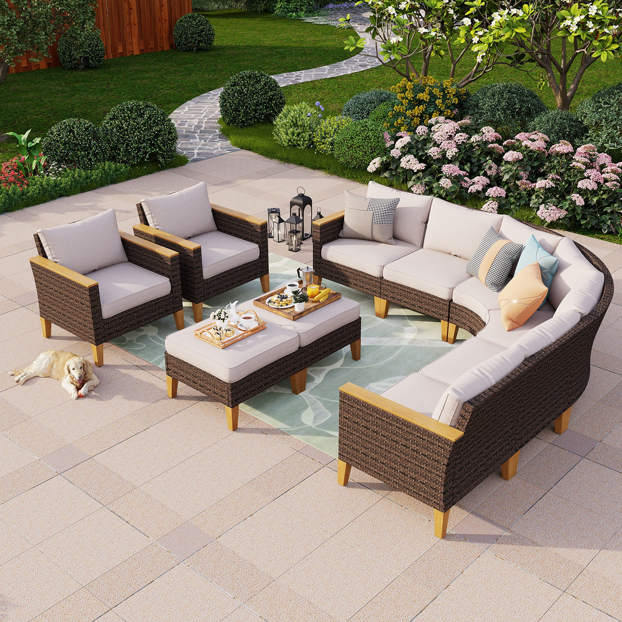 PHI VILLA Outdoor Furniture Set 10-Piece Heavy Duty Sectional Half-Moon Curved Sofa, Wicker Patio Conversation Set for 10 Seats with Cushions, Beige PHI VILLA