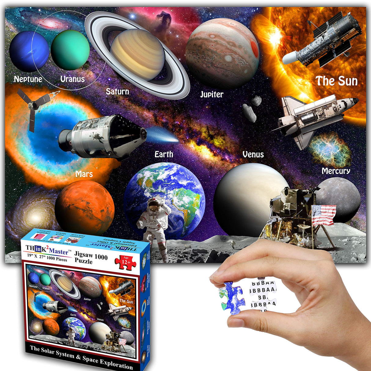 Think2Master Solar System & Space Exploration 1000 Pieces Jigsaw Puzzle for Kids 12+, Teens, Adults & Families. Great Gift for stimulating Learning About Astronomy. Size: 19” X 27” THINK2MASTER
