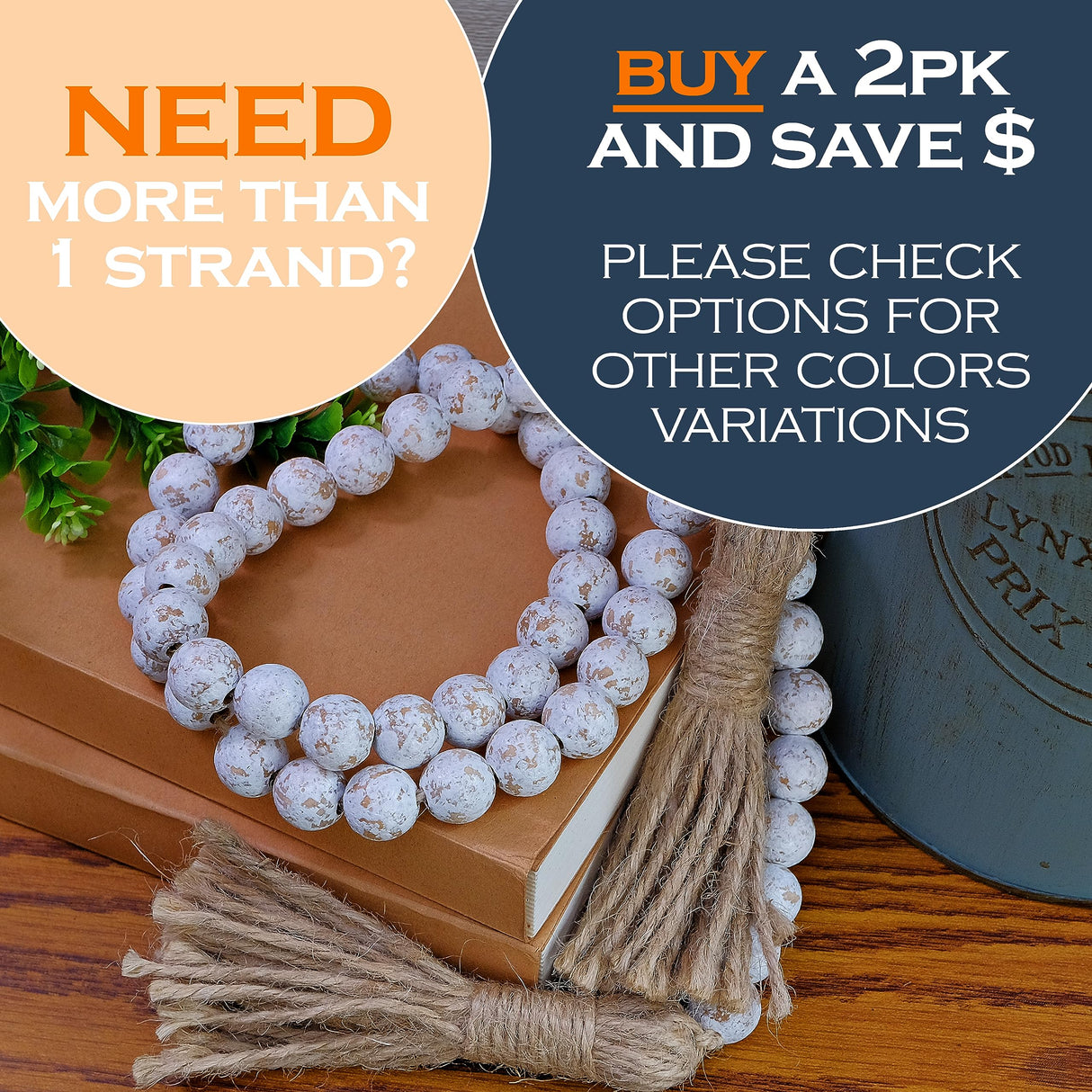 Farmhouse Wood Bead Garland Home Decor, Natural Wooden Garland for Tiered Tray, Decorative Tassel Garland for Tier Tray, Rustic Beads Centerpiece Boho Table Decor, Garland Beaded Accent White Washed MAINEVENT