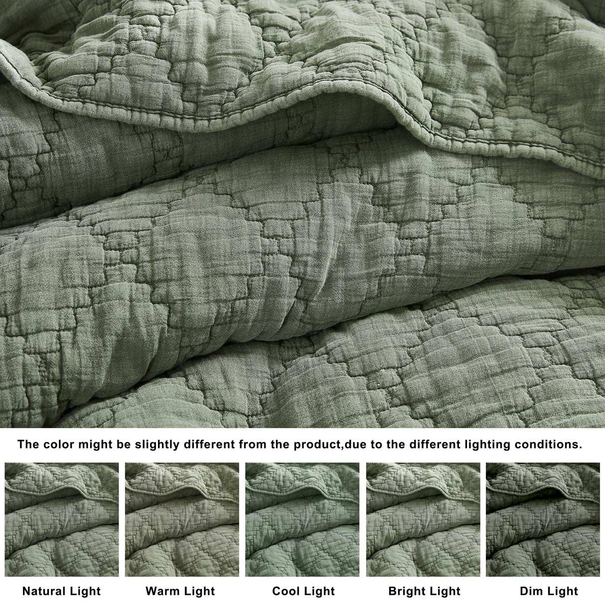 palassio Olive Green King Size Quilt Set, Muslin Cotton Shell Down-Alt Poly Filling, Soft Shabby Chic Rustic Farmhouse Country Bedspread, Textured Gauze Coverlet, Lightweight Bedding, 2 Shams palassio