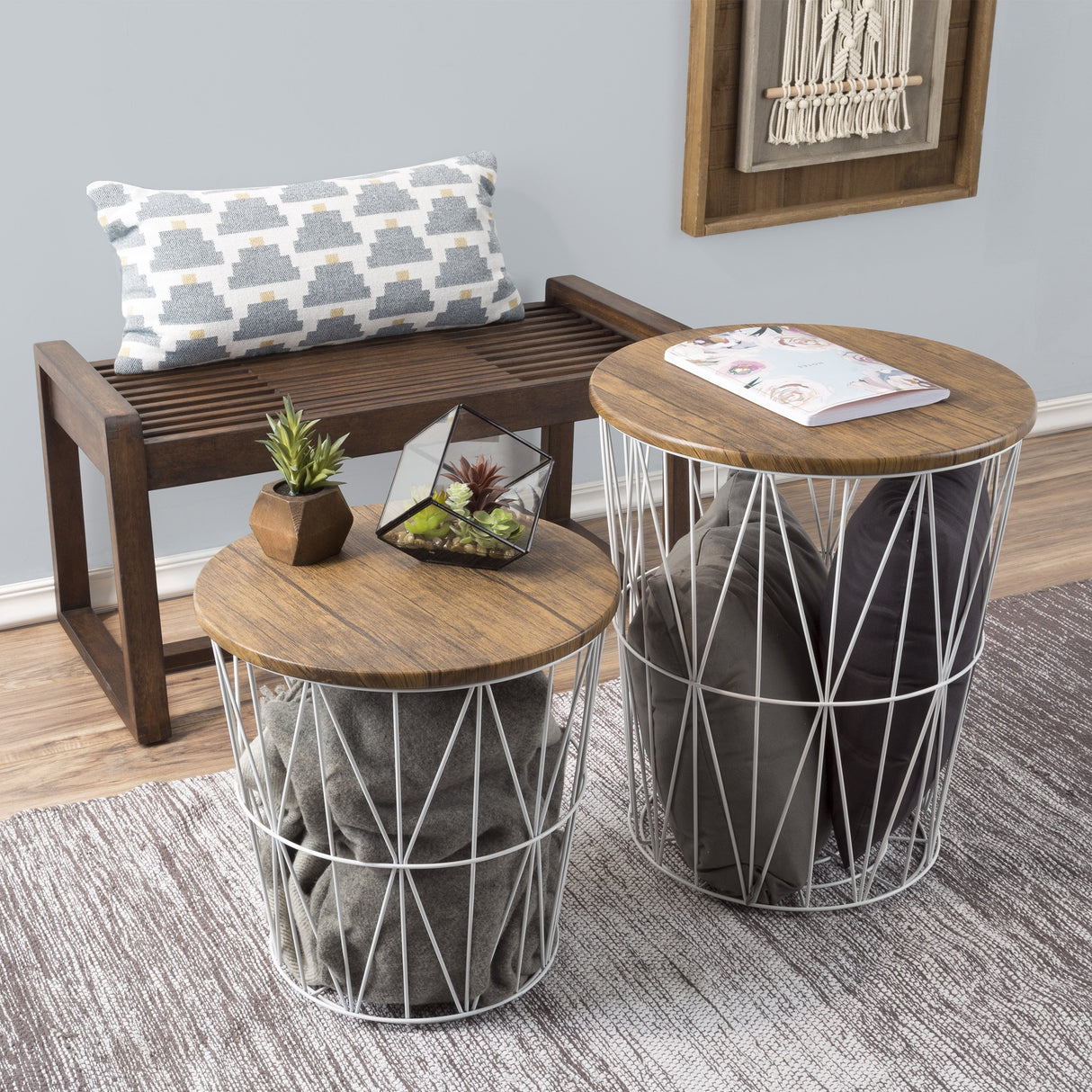End Tables Set of 2 - Nesting Tables with Removable Wood Tops and Metal Basket Bases for Blanket Storage - Round Side Furniture for Living Room, Bedroom, or Home Office by Lavish Home (Brown/White) Lavish Home