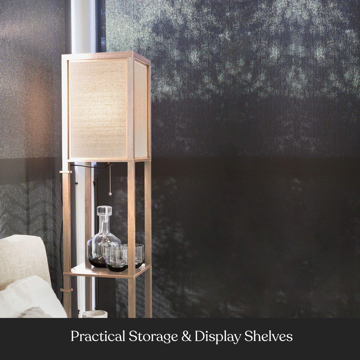 Brightech Maxwell - Modern Shelf Floor Lamp with Lamp Shade and LED Bulb - Corner Display Floor Lamps with Shelves for Living Room, Bedroom and Office - Natural Wood Brightech