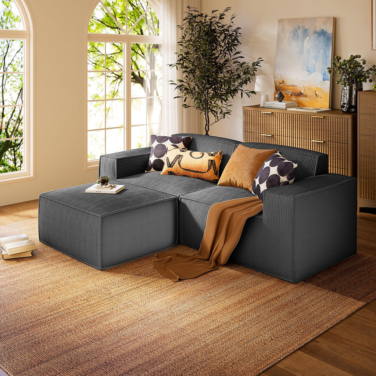 Marsail Modular Sectional Sofa, 80" L-Shaped Modular Sectional Couch with Deep Seat, Freely Combinable Sectional Clound Sofa for Living Room, No Assembly, Plush Corduroy Fabric, Grey Marsail