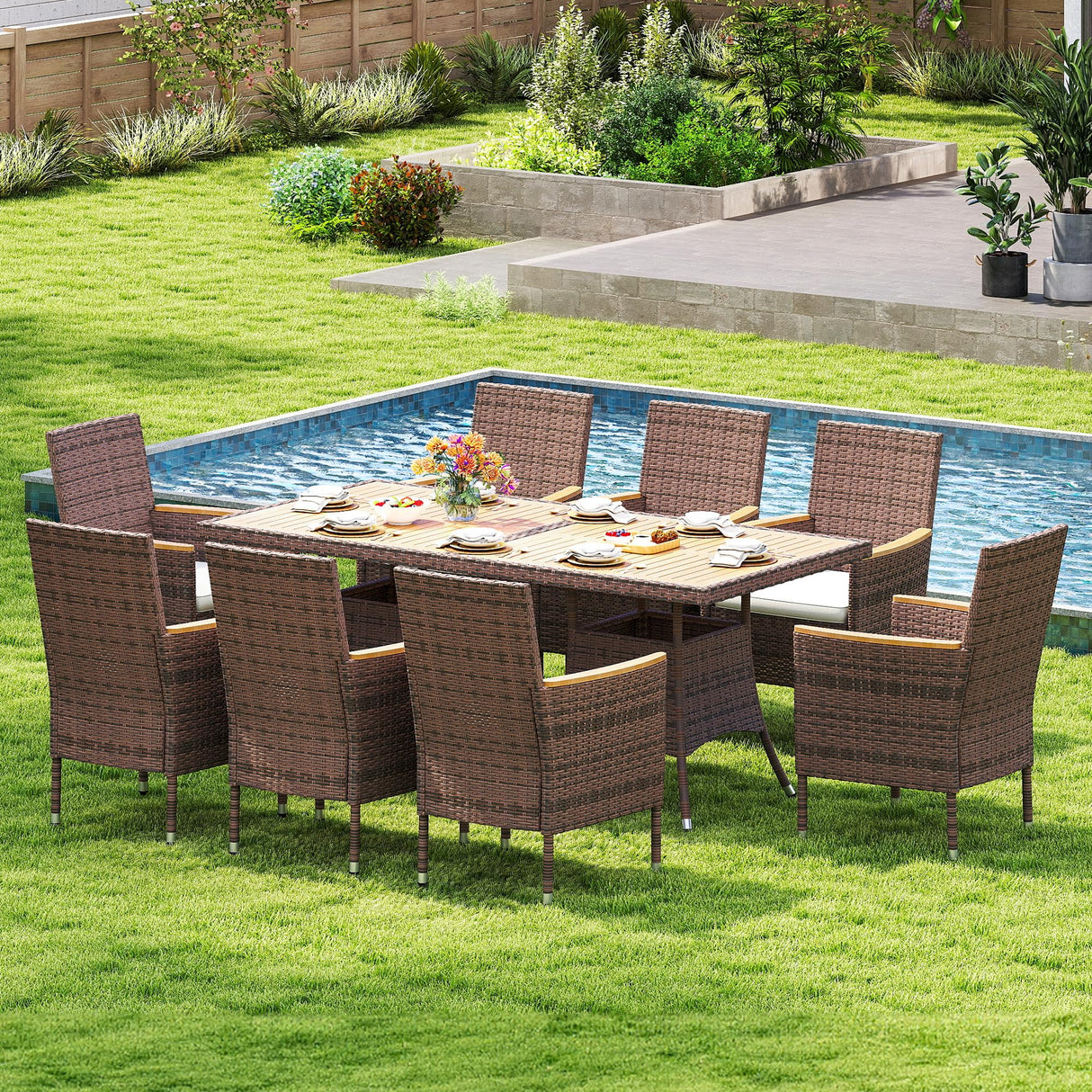 Wisteria Lane Patio Dining Sets for 8, All Weather Rattan Outdoor Table and Chairs with Acacia Wood Tabletop, Patio Dining Furniture with Removable Cushions for Deck Garden, Backyard, Brown Wisteria Lane
