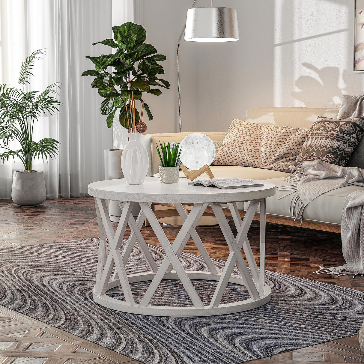 COZAYH Farmhouse Coffee Table, Rustic Round Coffee Table with X-Motifs Legs, Wood Textured Top, for Boho, French Country Decor, Antique White COZAYH