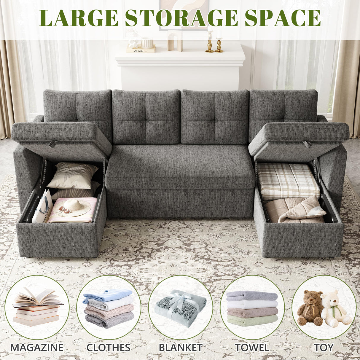 Huatean Home Oversized Sleeper Sofa Couch, 110 inch 2 in 1 Pullout Couch Bed with Double Storage Chaise, Sectional Sleeper Sofa Bed with Side Pocket for Living Room, Dark Grey Huatean Home