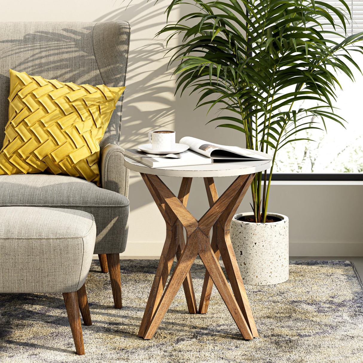 LONYKE Pedestal Farmhouse End Table, Distressed Top with Tripod Base Bedside Table for Living Room, Modern, Boho Decor, Round (1 Pack, White & Walnut) LONYKE