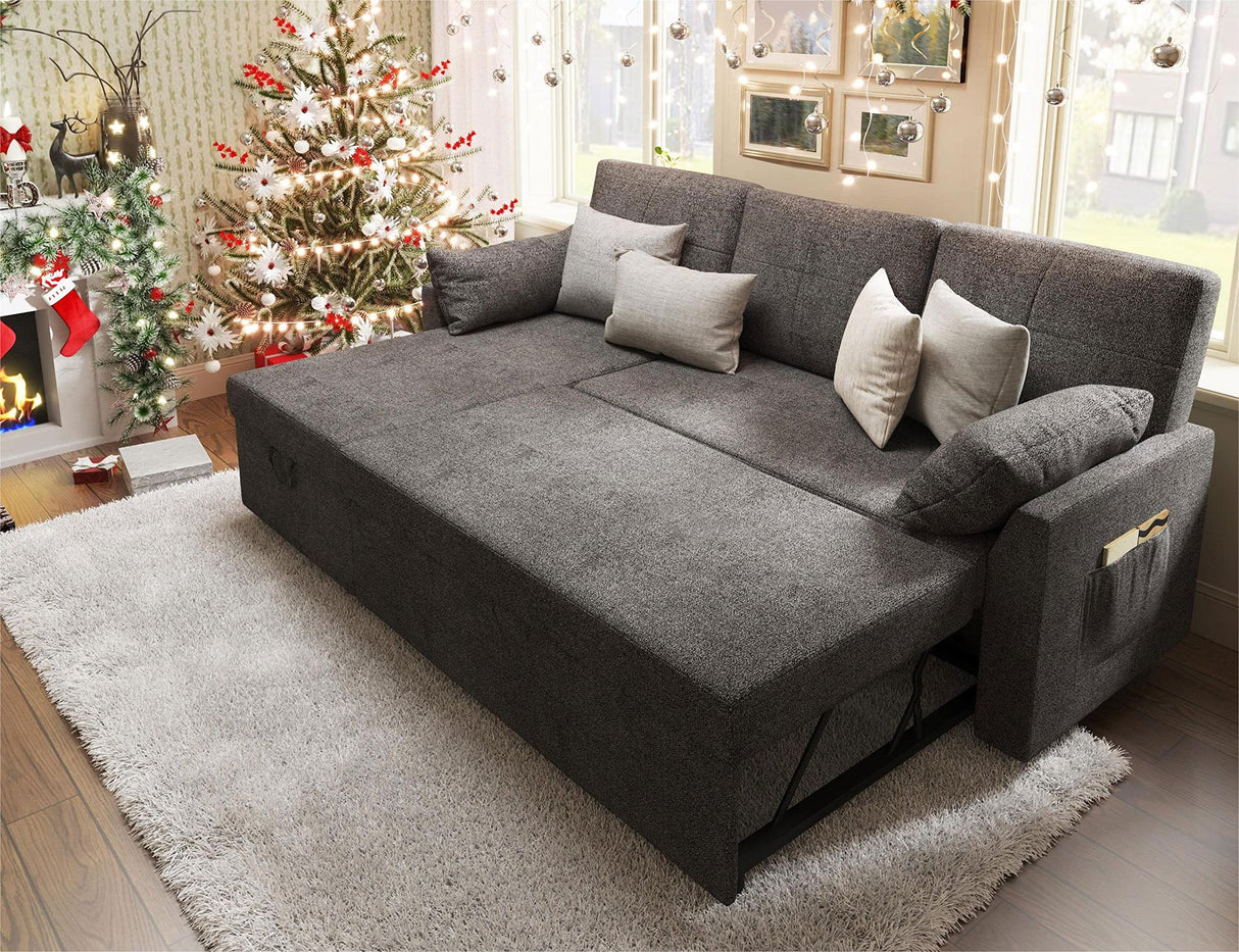 VanAcc Sleeper Sofa, Sofa Bed- 2 in 1 Pull Out Couch Bed with Storage Chaise for Living Room, Sofa Sleeper with Pull Out Bed, Grey Linen Couch VanAcc